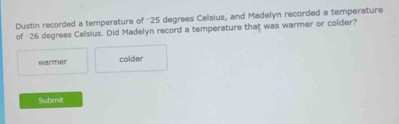 dustin recorded a temperature of -25 degrees celsius, and madelyn recor…
