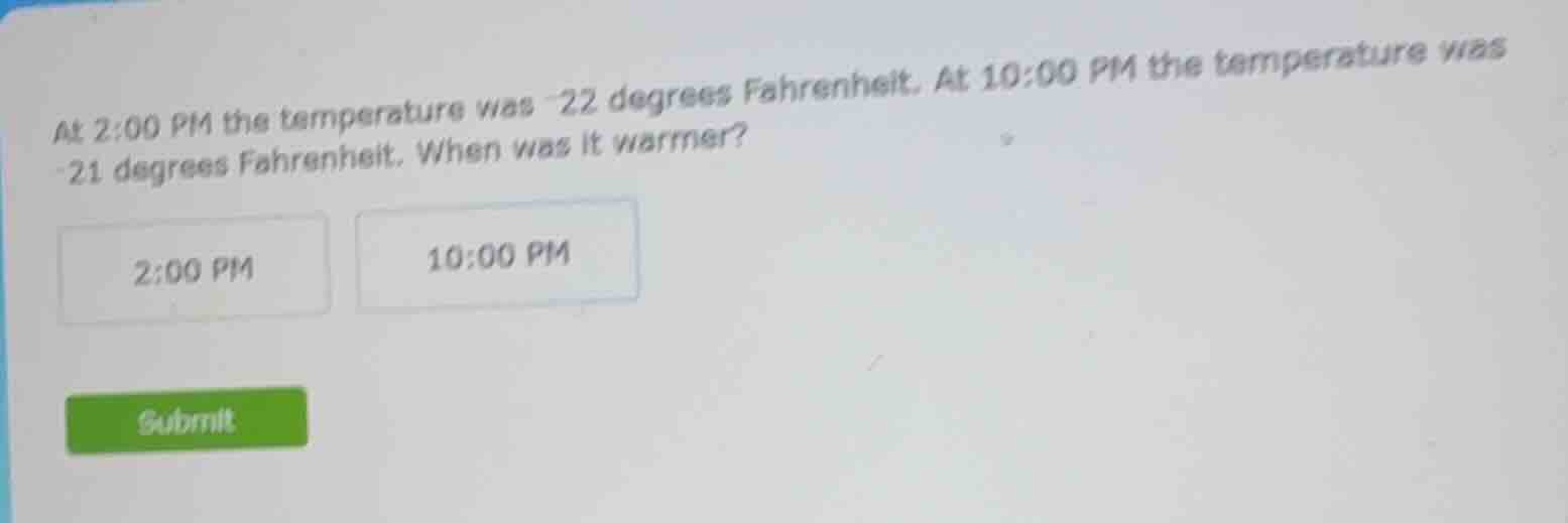 at 2:00 pm the temperature was -22 degrees fahrenheit. at 10:00 pm the …