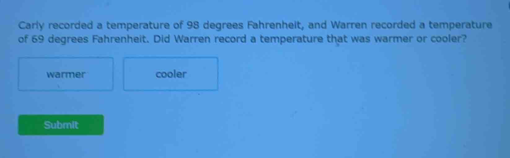 carly recorded a temperature of 98 degrees fahrenheit, and warren recor…