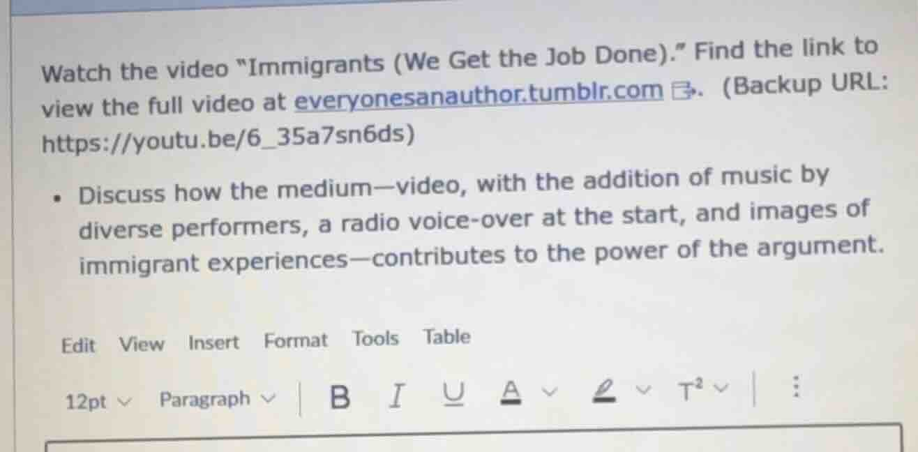 watch the video \immigrants (we get the job done).\ find the link to vi…