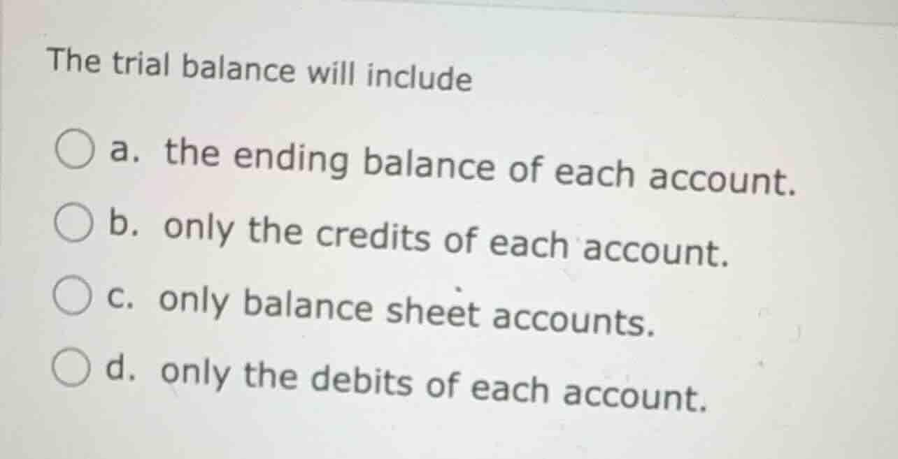 the trial balance will include a. the ending balance of each account. b…
