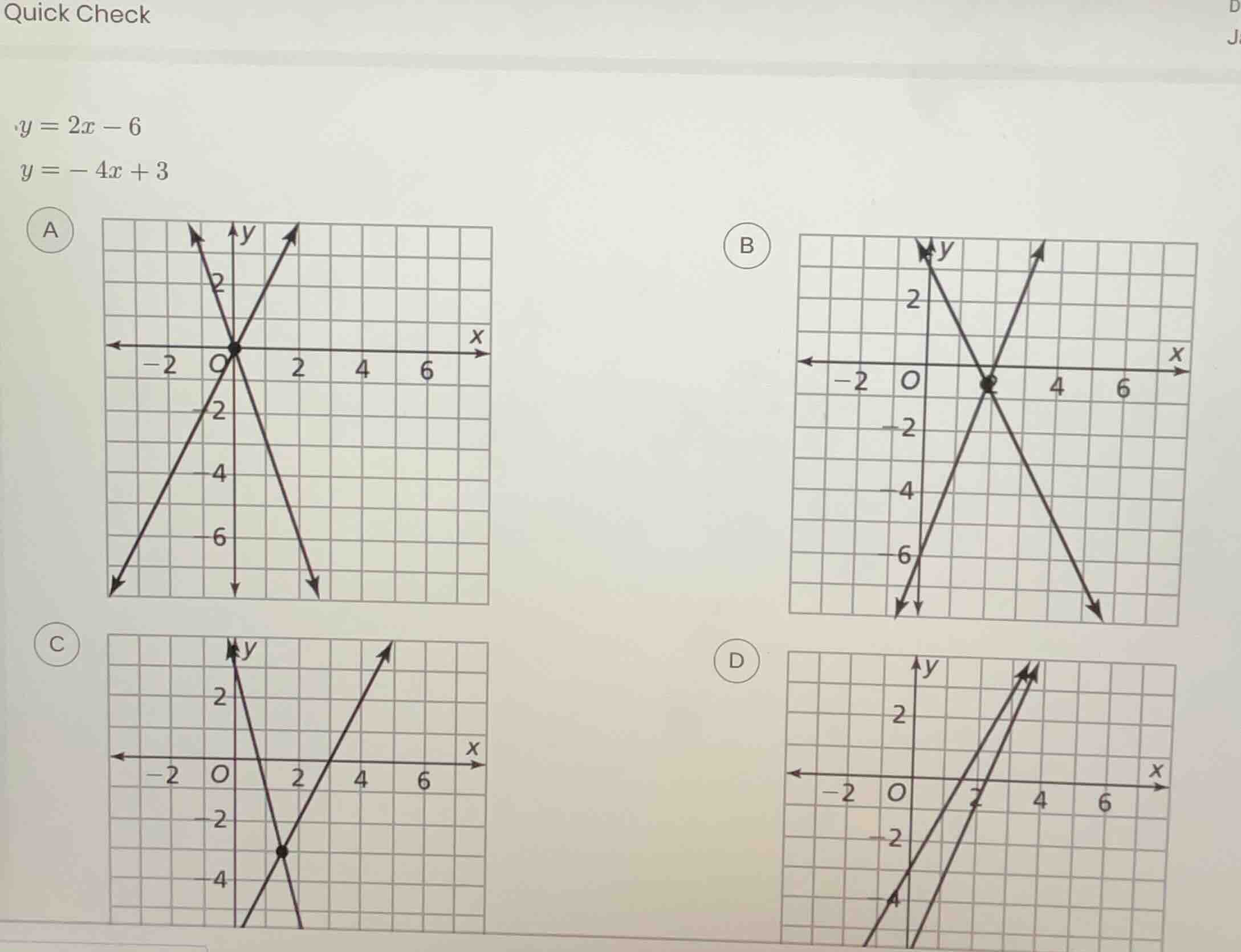 quick check y = 2x - 6 y = -4x + 3 (a) graph a (b) graph b (c) graph c …