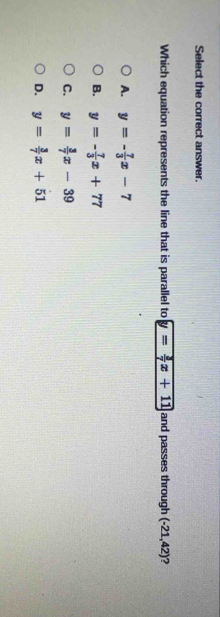 select the correct answer. which equation represents the line that is p…