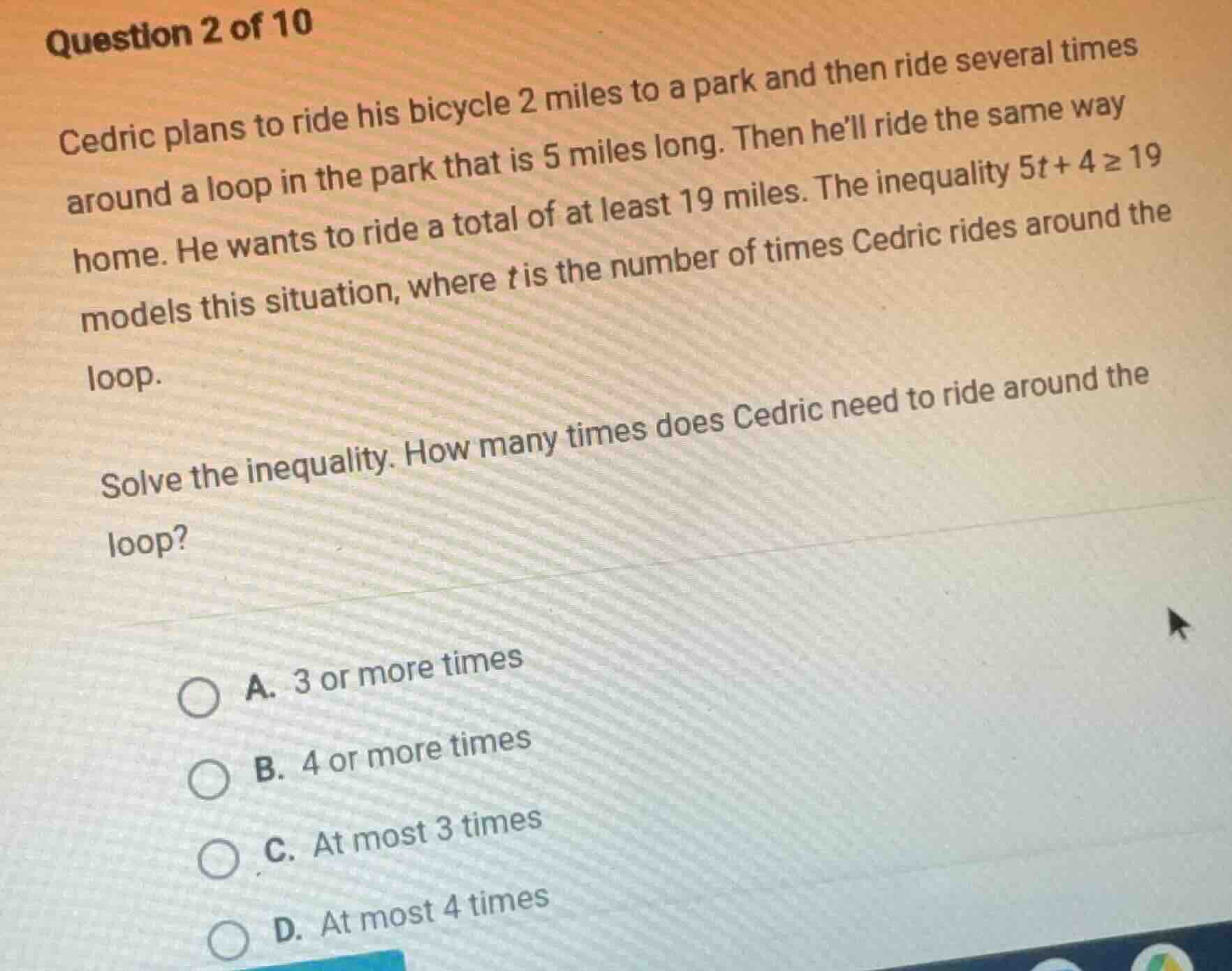 question 2 of 10 cedric plans to ride his bicycle 2 miles to a park and…