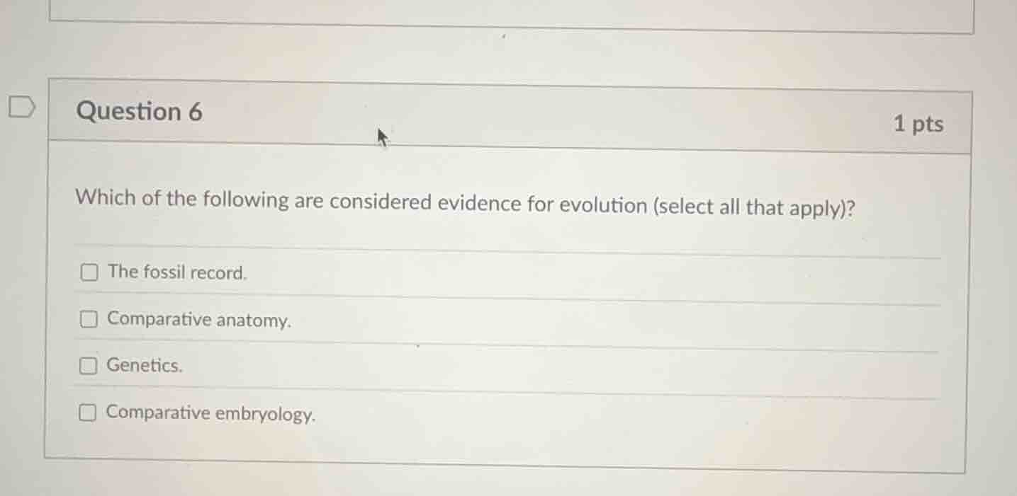 question 6 1 pts which of the following are considered evidence for evo…