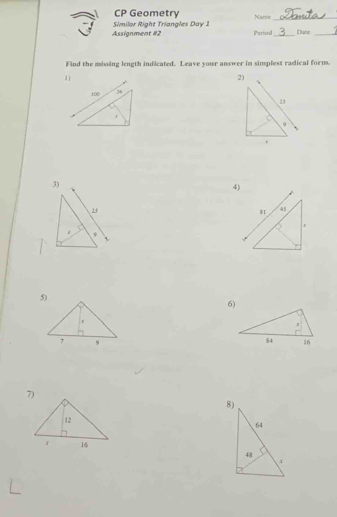cp geometry similar right triangles day 1 assignment #2 name period dat…