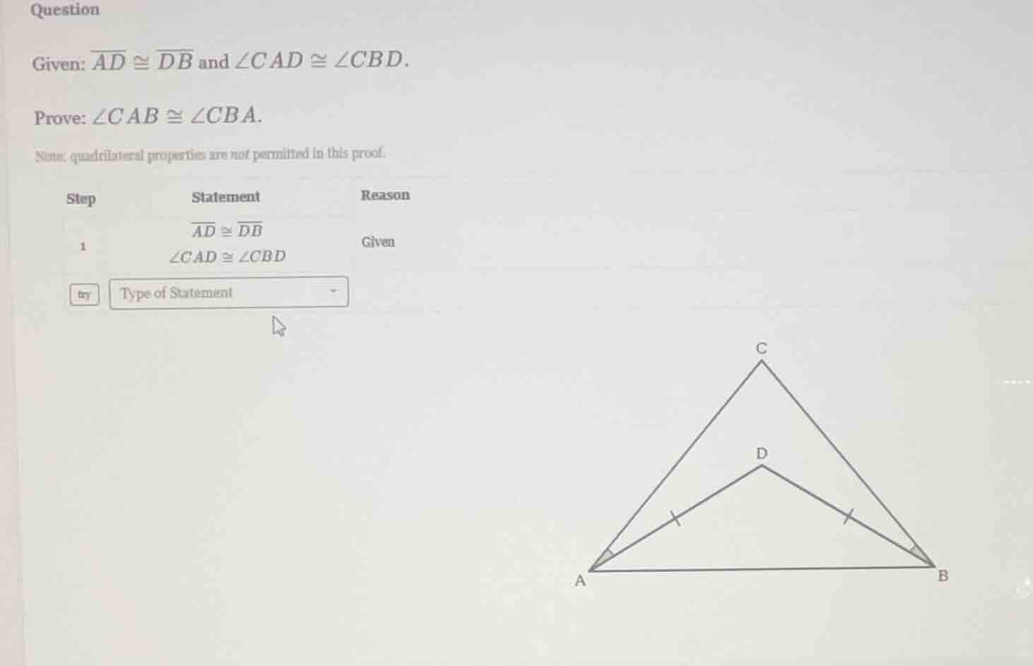 question given: \\(\\overline{ad} \\cong \\overline{db}\\) and \\(\\ang…