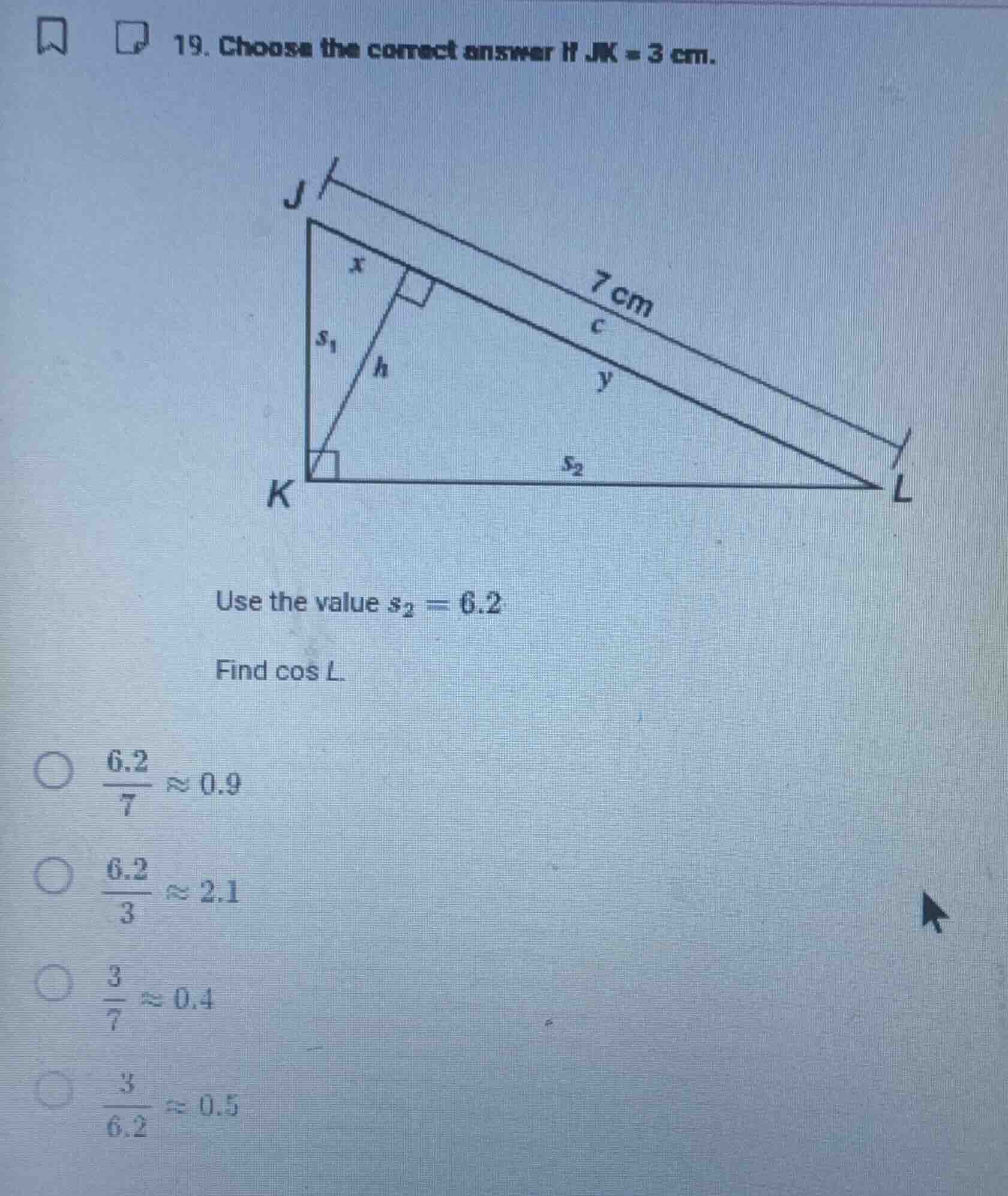 19. choose the correct answer if jk = 3 cm. use the value $s_2 = 6.2$ f…