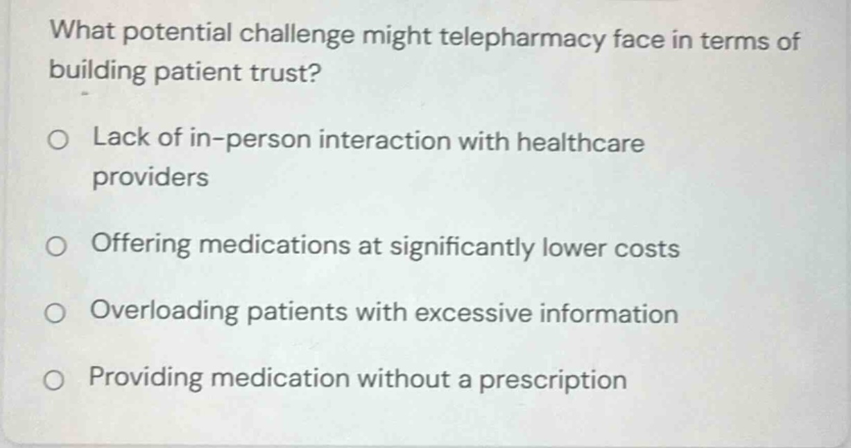 what potential challenge might telepharmacy face in terms of building p…