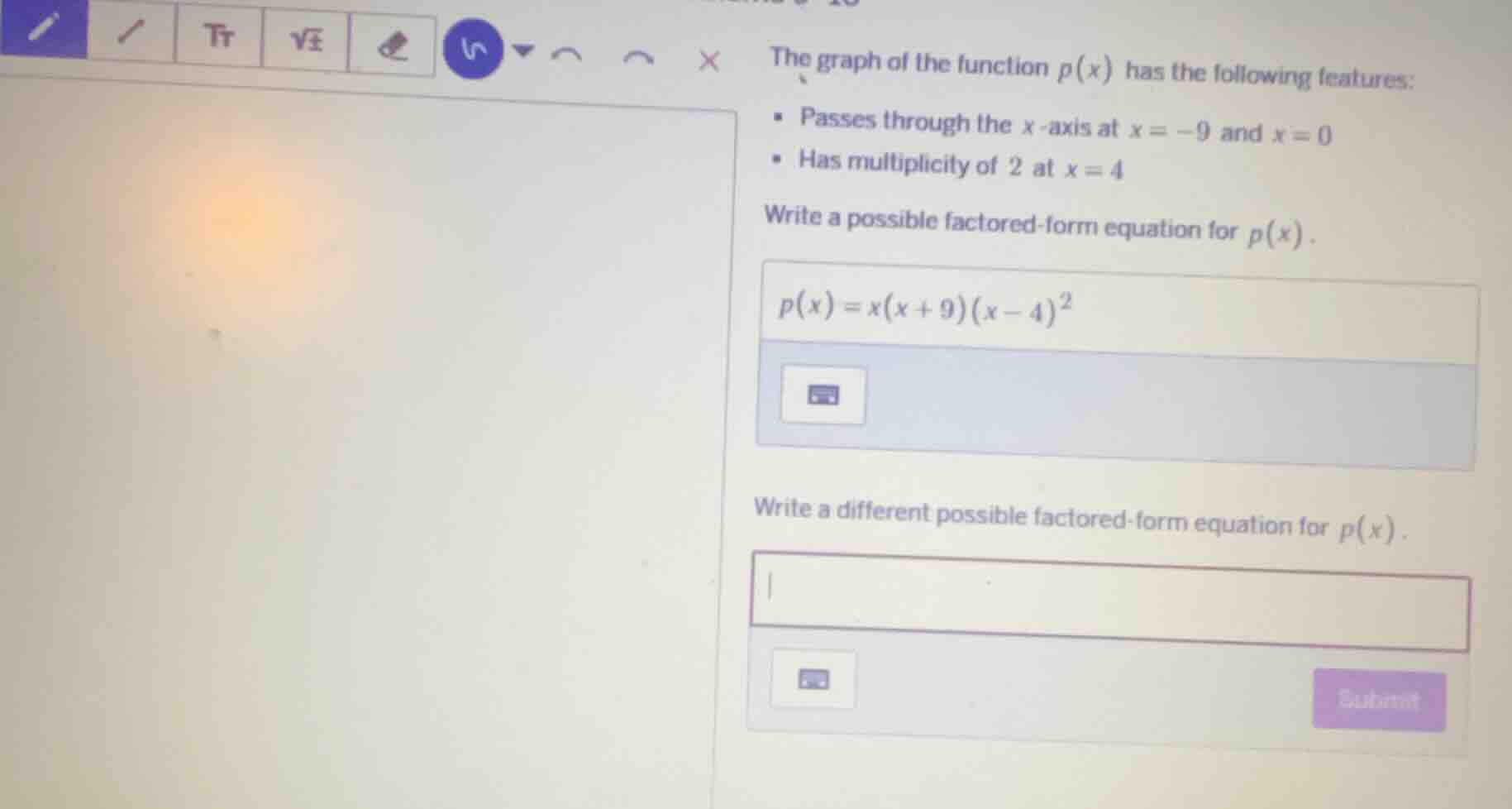 the graph of the function ( p(x) ) has the following features: - passes…