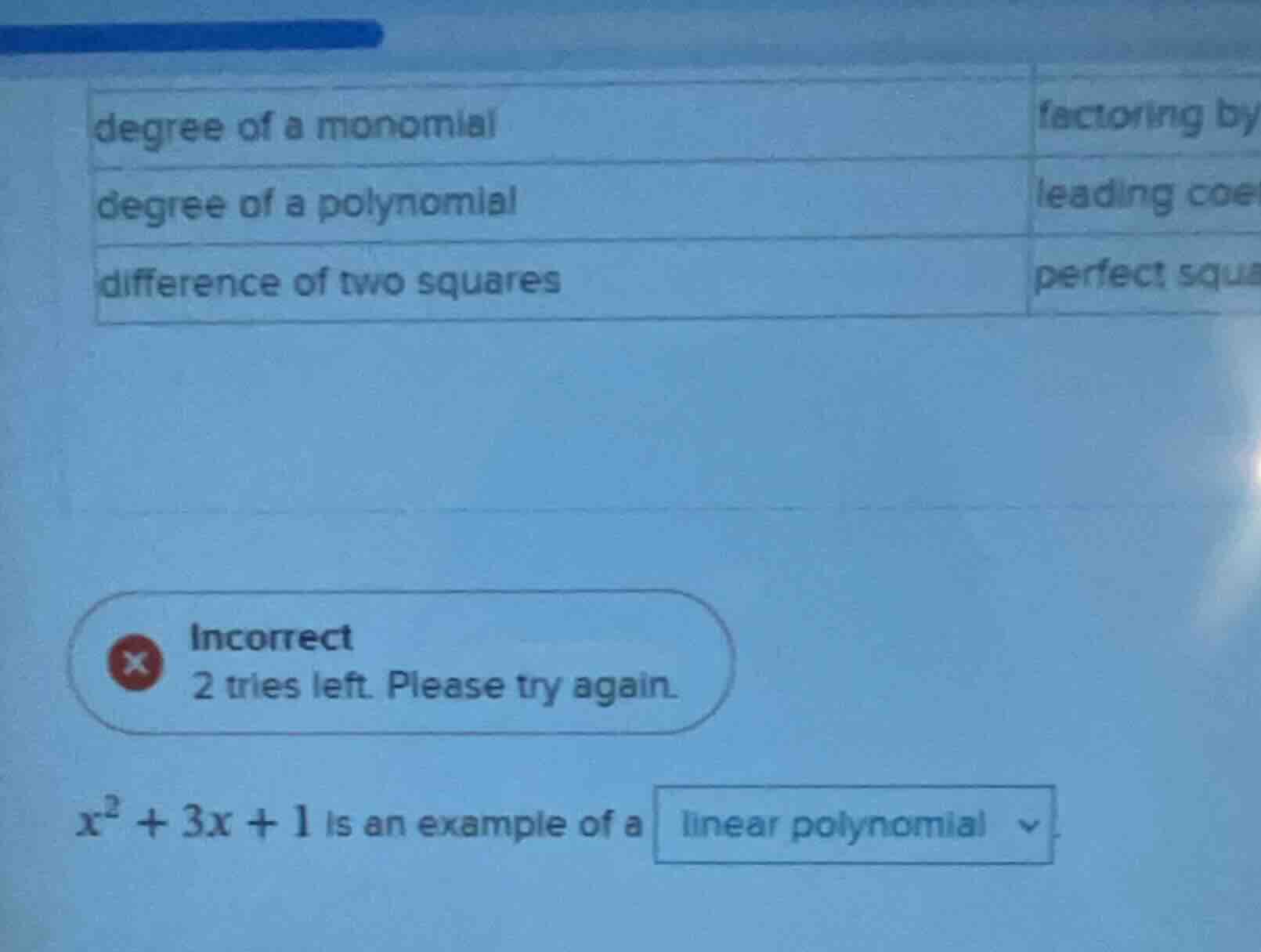 degree of a monomial factoring by degree of a polynomial leading coe di…
