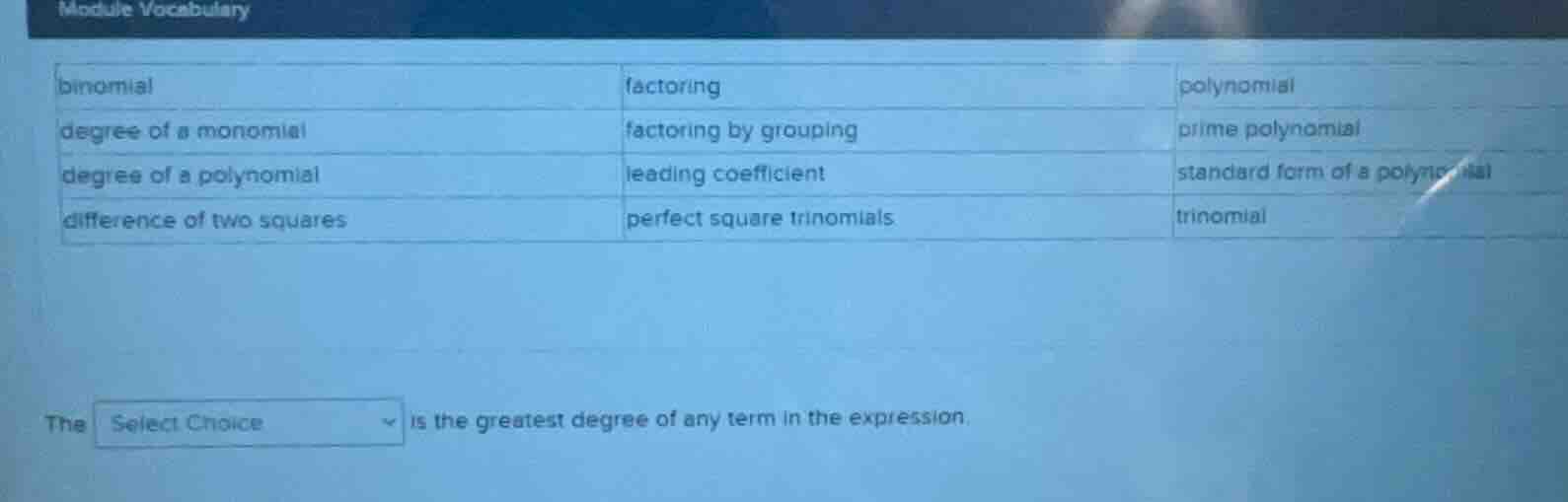 module vocabulary binomial\tfactoring\tpolynomial degree of a monomial\…