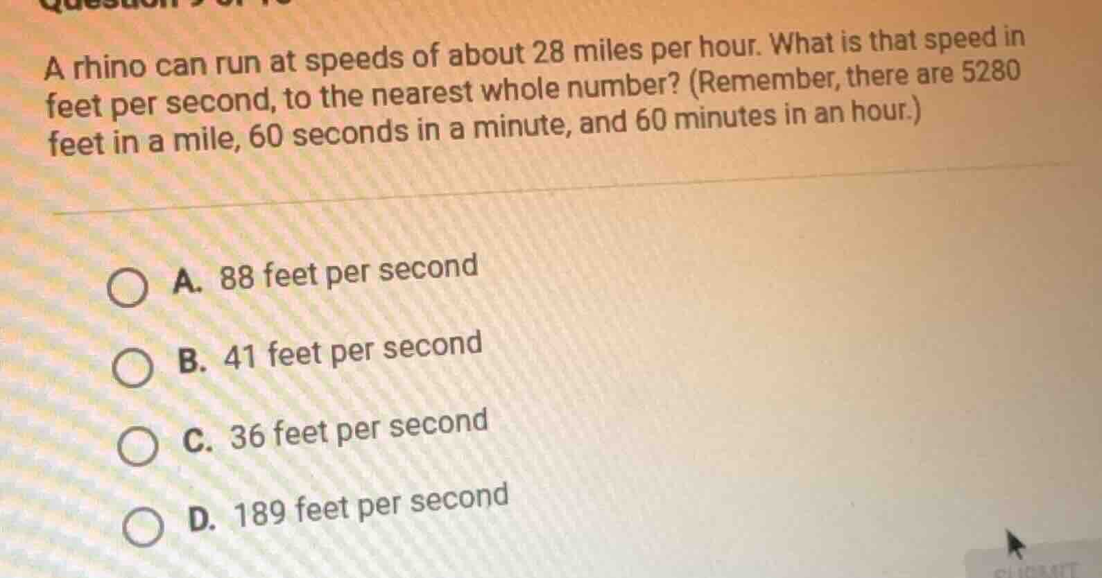 a rhino can run at speeds of about 28 miles per hour. what is that spee…