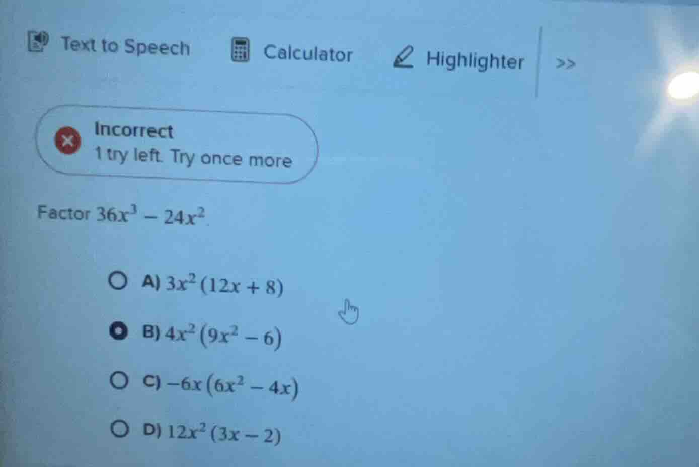 factor ( 36x^3 - 24x^2 ). a) ( 3x^2(12x + 8) ) b) ( 4x^2(9x^2 - 6) ) c)…