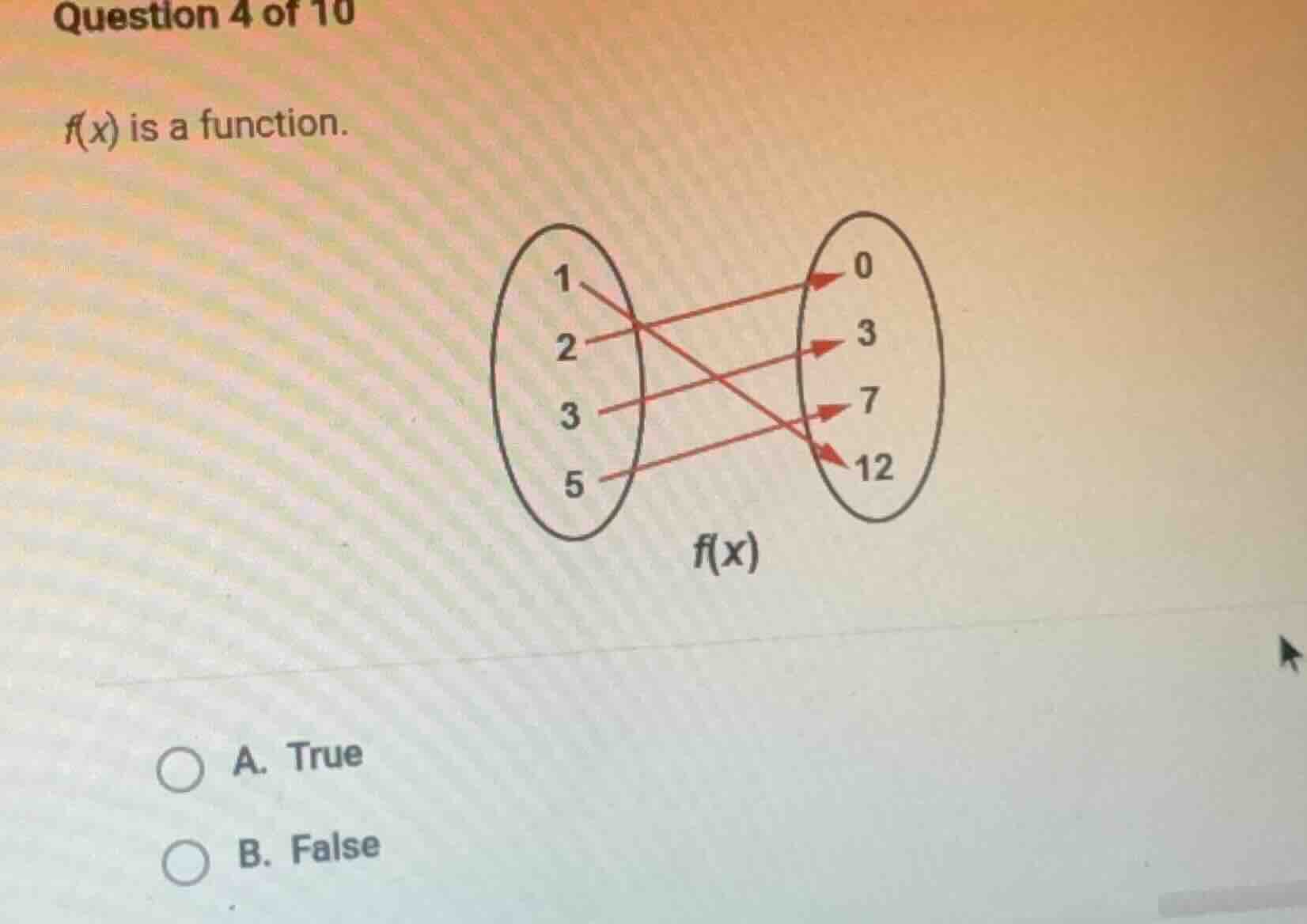 question 4 of 10 f(x) is a function. a. true b. false
