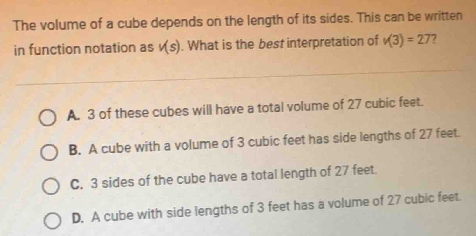 the volume of a cube depends on the length of its sides. this can be wr…
