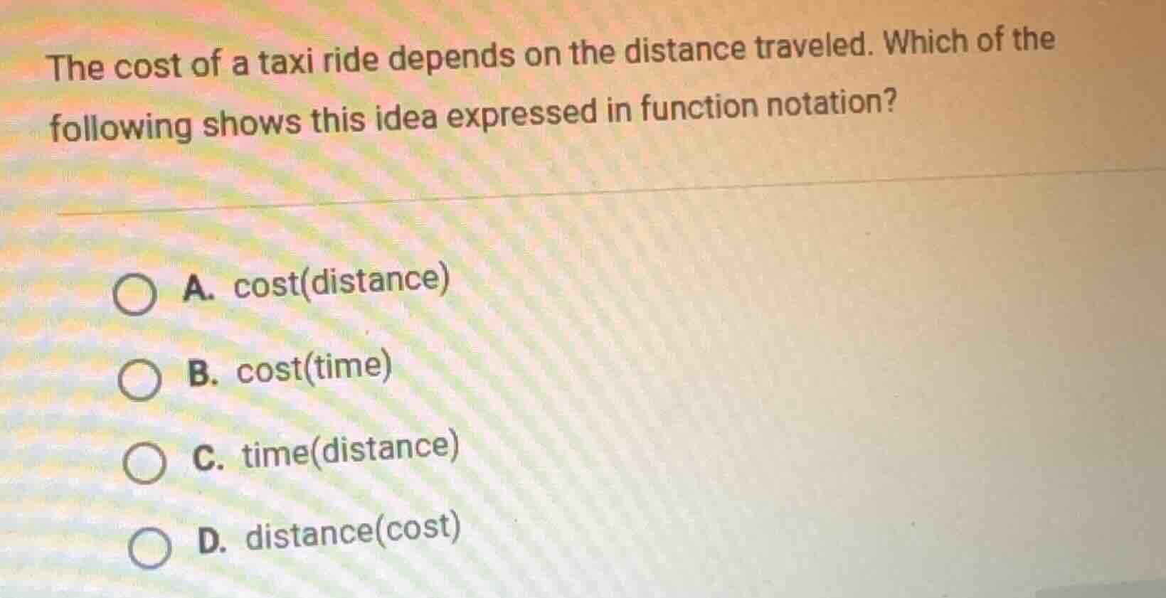the cost of a taxi ride depends on the distance traveled. which of the …