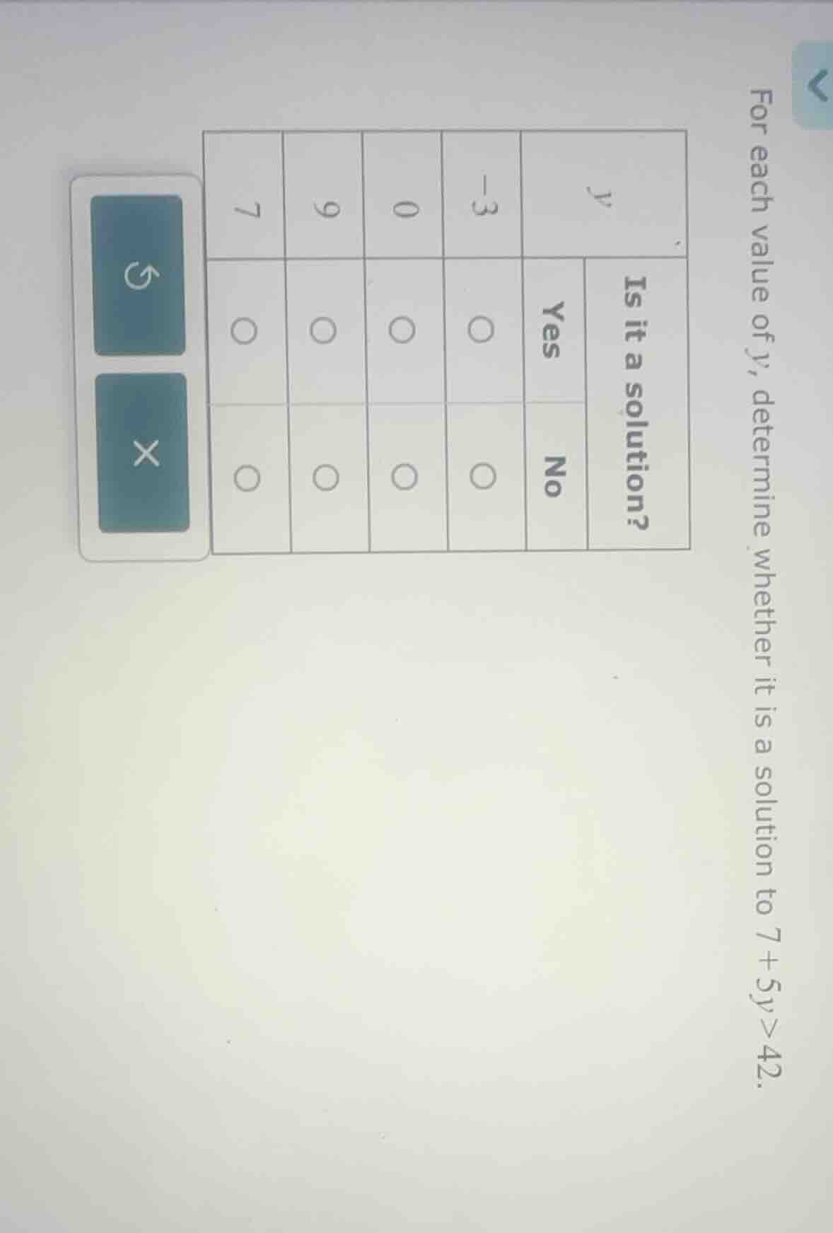 for each value of y, determine whether it is a solution to 7 + 5y > 42.…