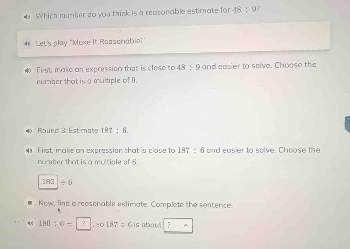 which number do you think is a reasonable estimate for $48 \\div 9$? le…