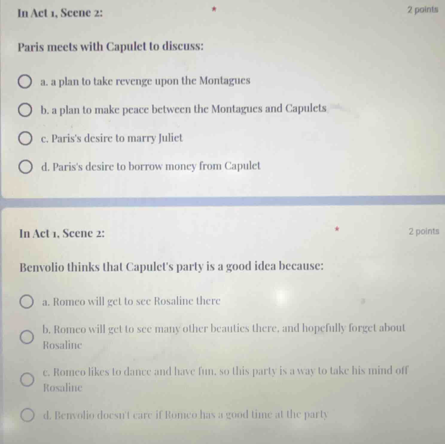 in act 1, scene 2: paris meets with capulet to discuss: a. a plan to ta…