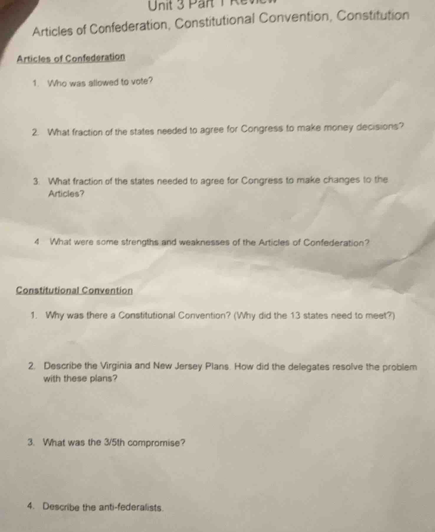 unit 3 part 1 review articles of confederation, constitutional conventi…