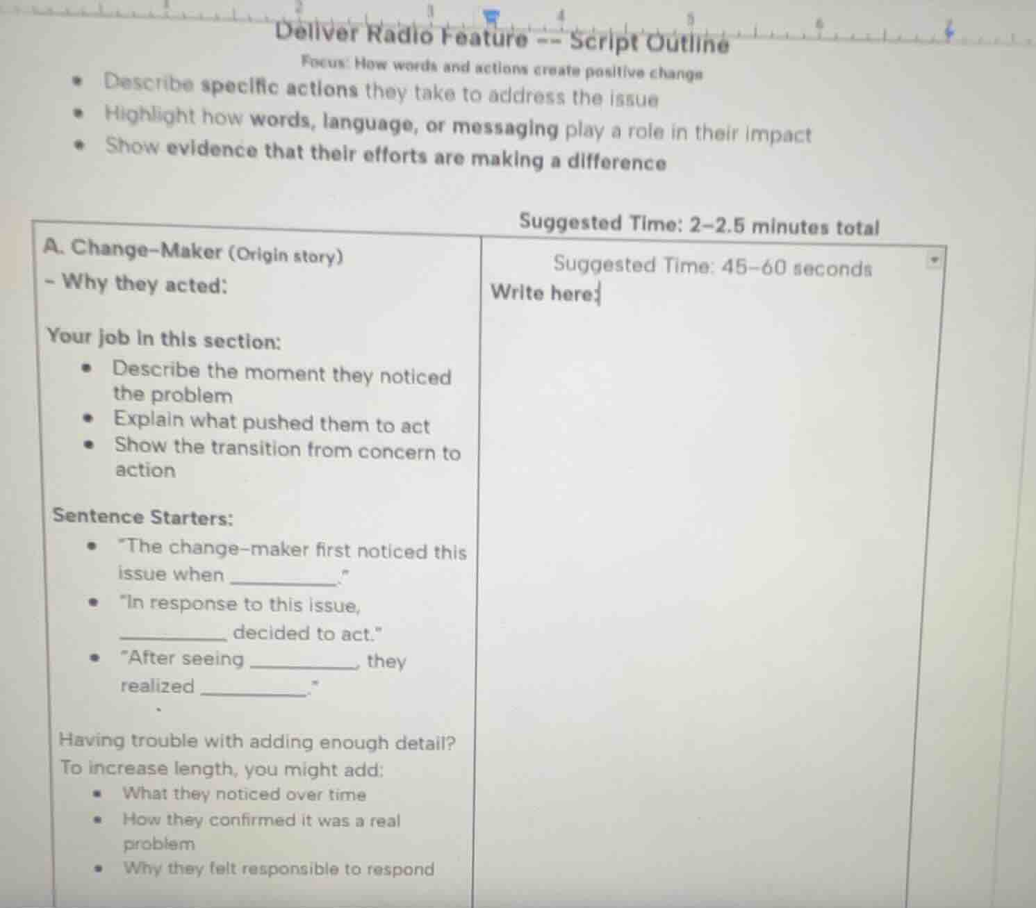 deliver radio feature -- script outline focus: how words and actions cr…