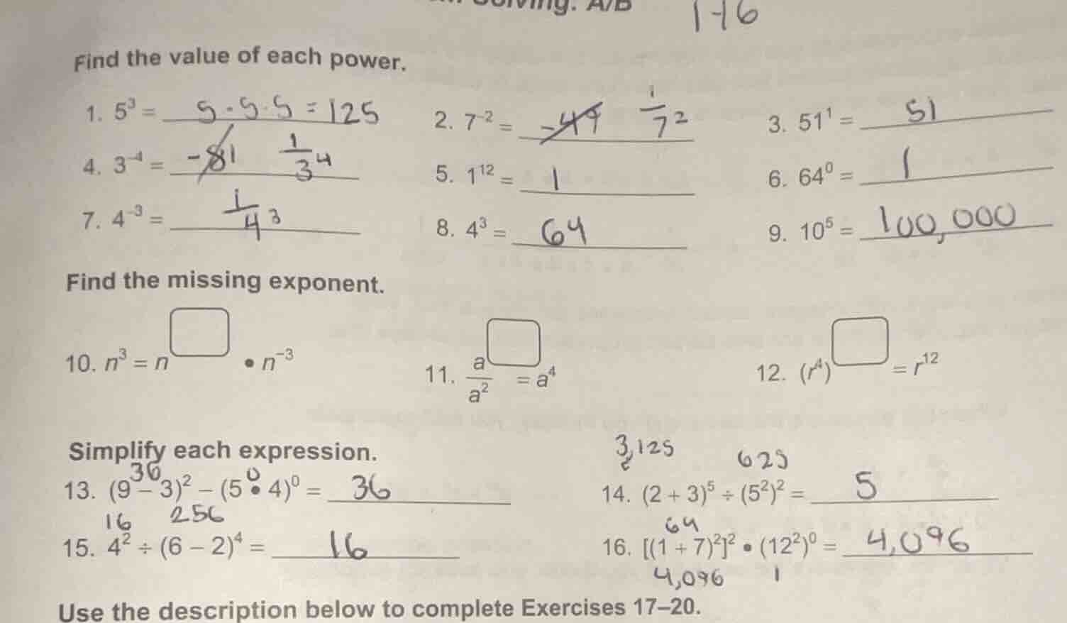 find the value of each power. 1. $5^3 =$ 2. $7^{-2} =$ 3. $51^1 =$ 4. $…