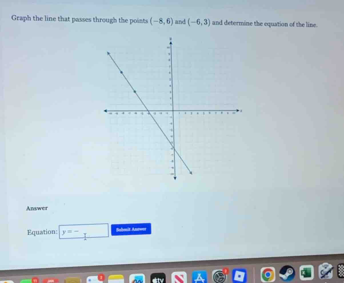 graph the line that passes through the points (-8,6) and (-6,3) and det…
