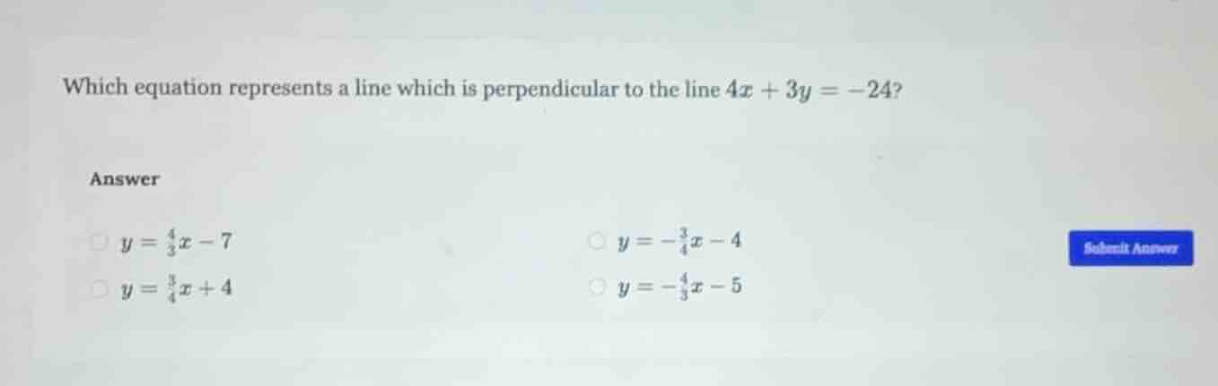 which equation represents a line which is perpendicular to the line $4x…