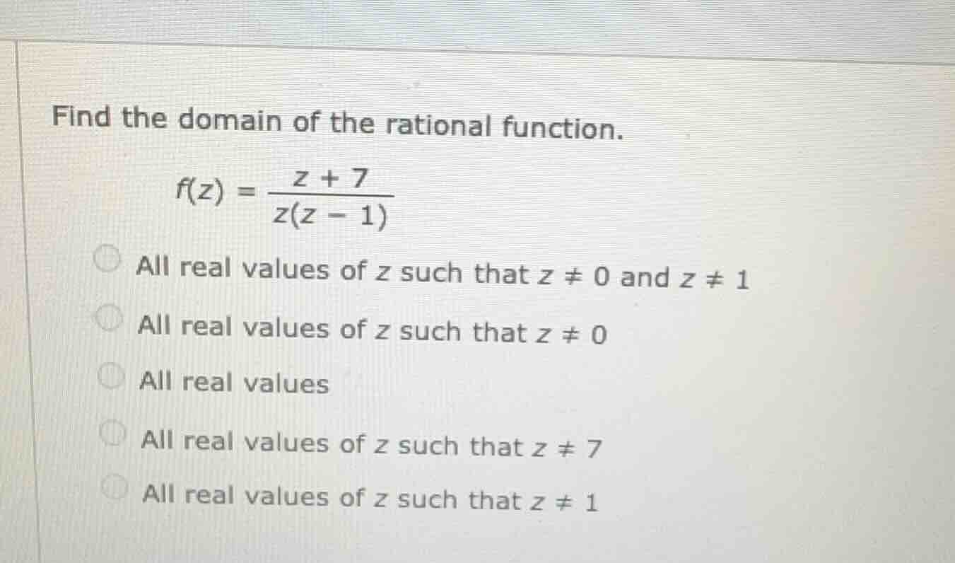 find the domain of the rational function. $f(z) = \\frac{z + 7}{z(z - 1…