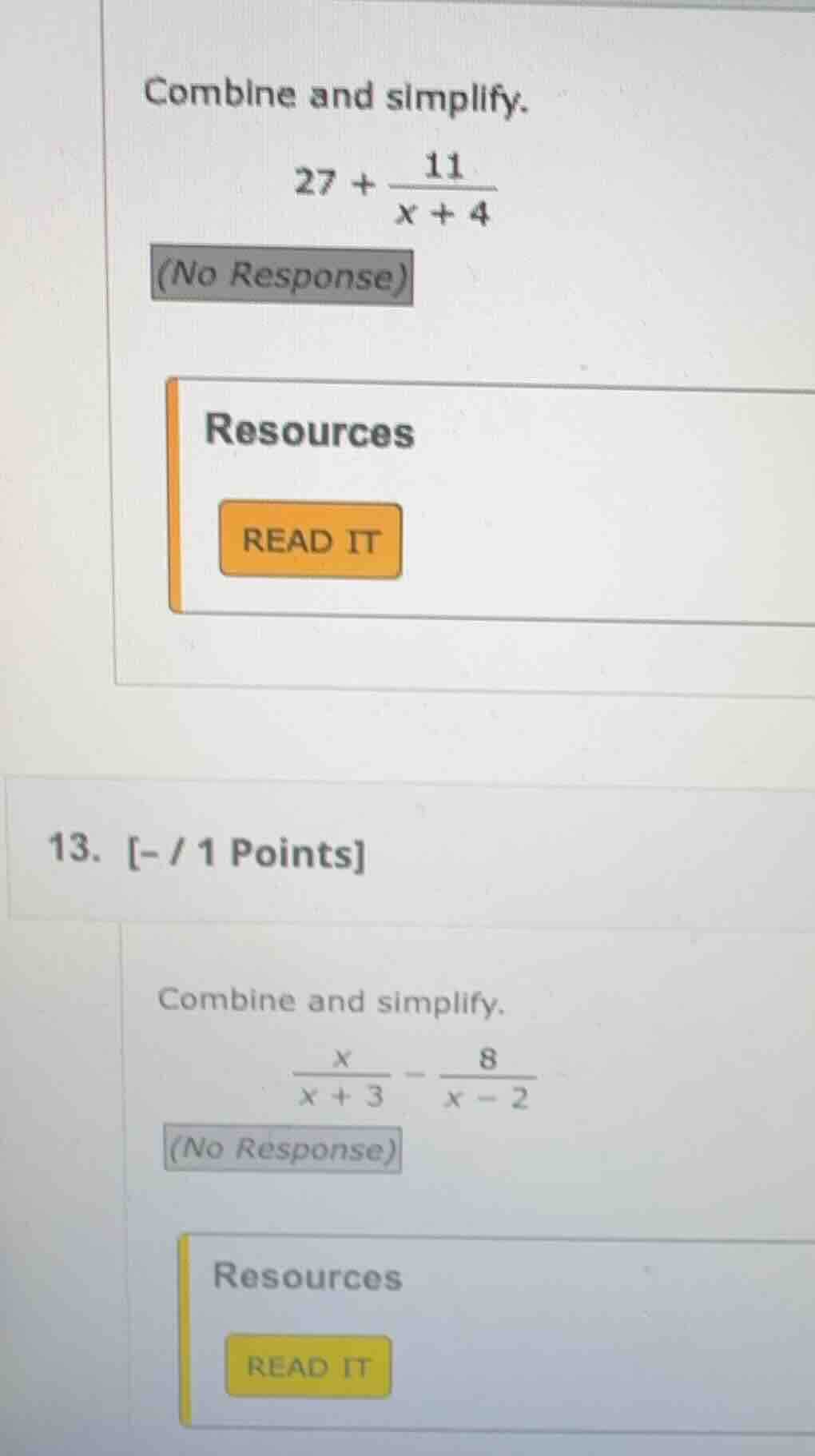 combine and simplify. $27 + \\frac{11}{x + 4}$ (no response) resources …
