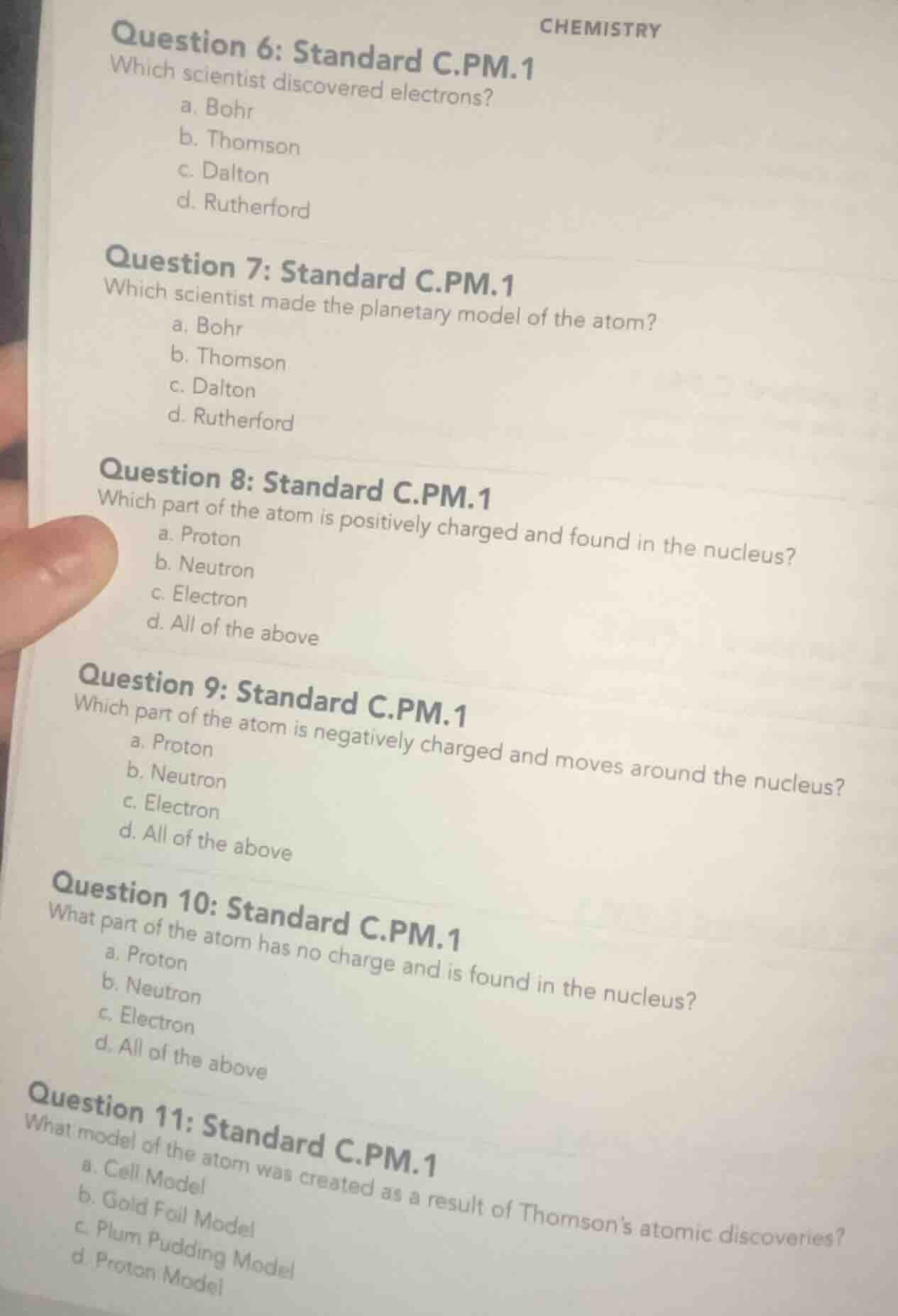 chemistry question 6: standard c.pm.1 which scientist discovered electr…