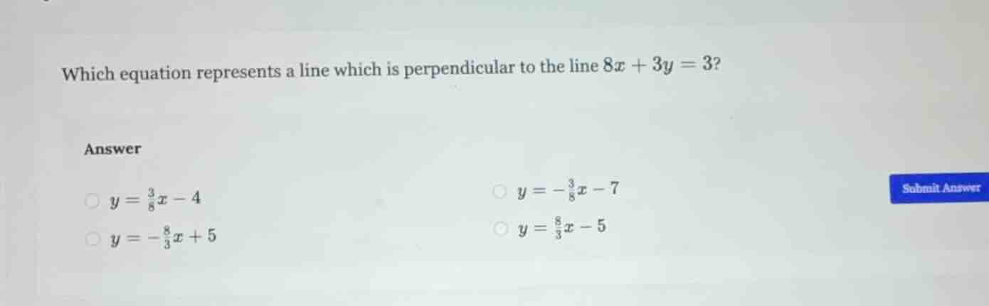 which equation represents a line which is perpendicular to the line $8x…