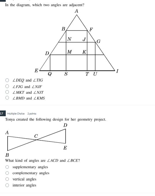 in the diagram, which two angles are adjacent? options: $\\angle deq$ a…