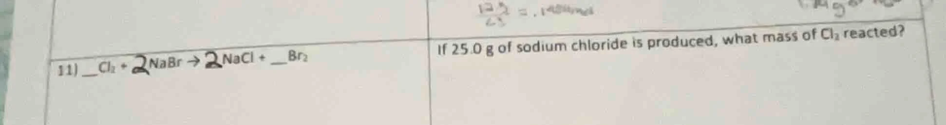 11) __cl₂ + 2 nabr → 2 nacl + __br₂ if 25.0 g of sodium chloride is pro…