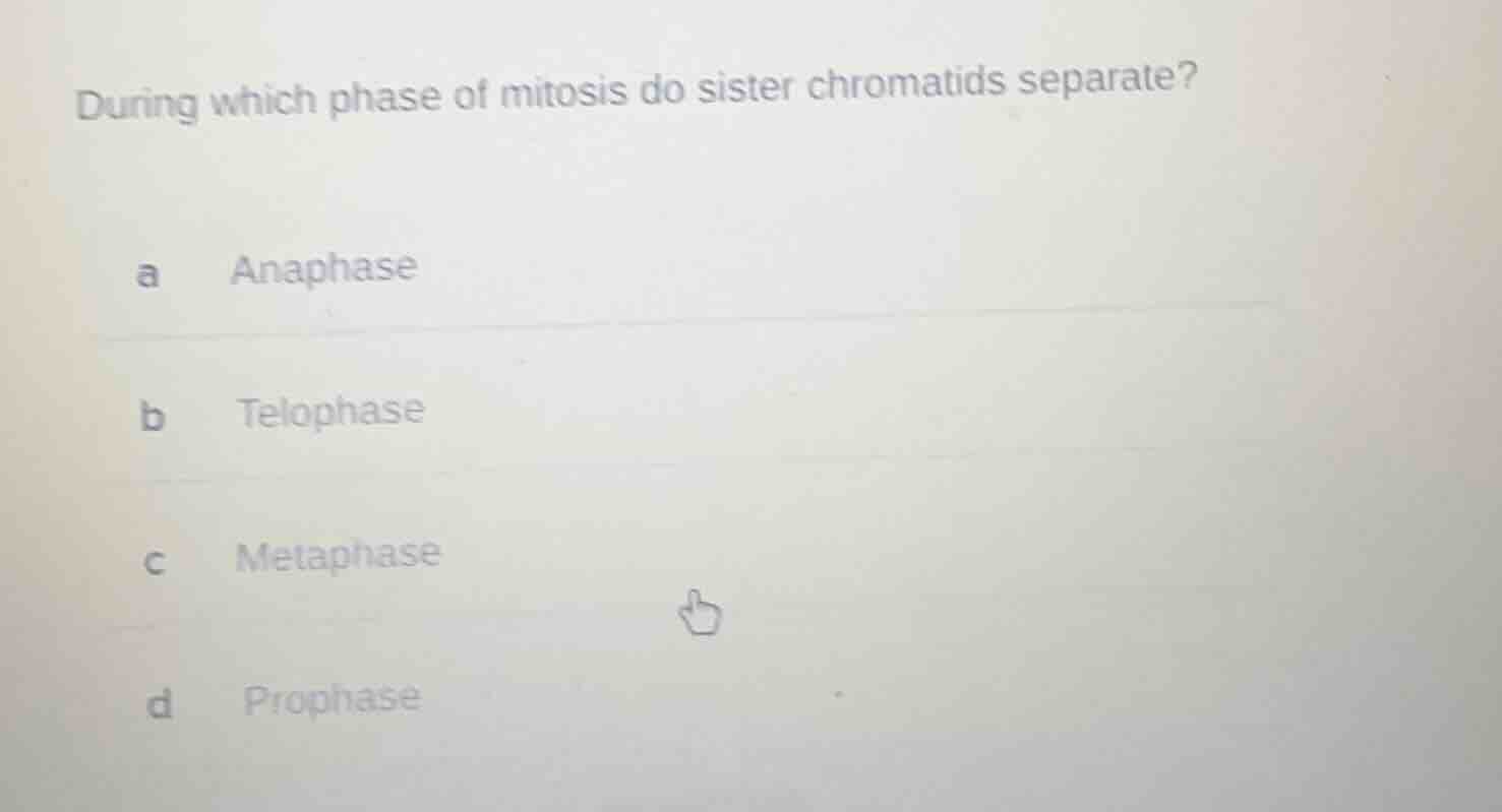 during which phase of mitosis do sister chromatids separate? a anaphase…