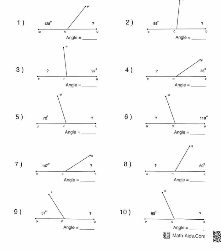 1 ) 128° ? angle = ____ 2 ) 95° ? angle = ____ 3 ) ? 97° angle = ____ 4…