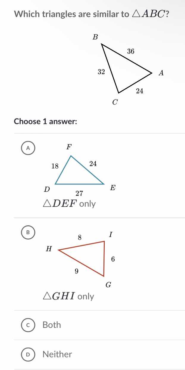 which triangles are similar to $\\triangle abc$? choose 1 answer: a $\\…