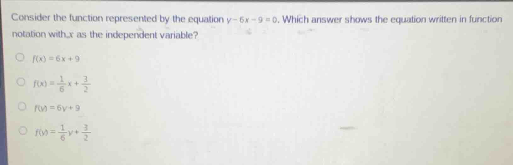consider the function represented by the equation ( y - 6x - 9 = 0 ). w…