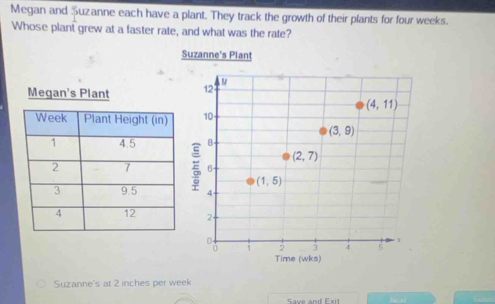 megan and suzanne each have a plant. they track the growth of their pla…