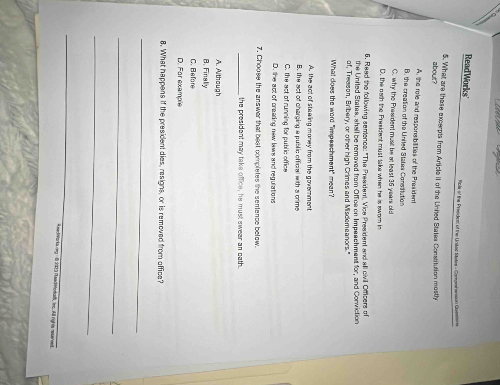 readworks role of the president of the united states - comprehension qu…