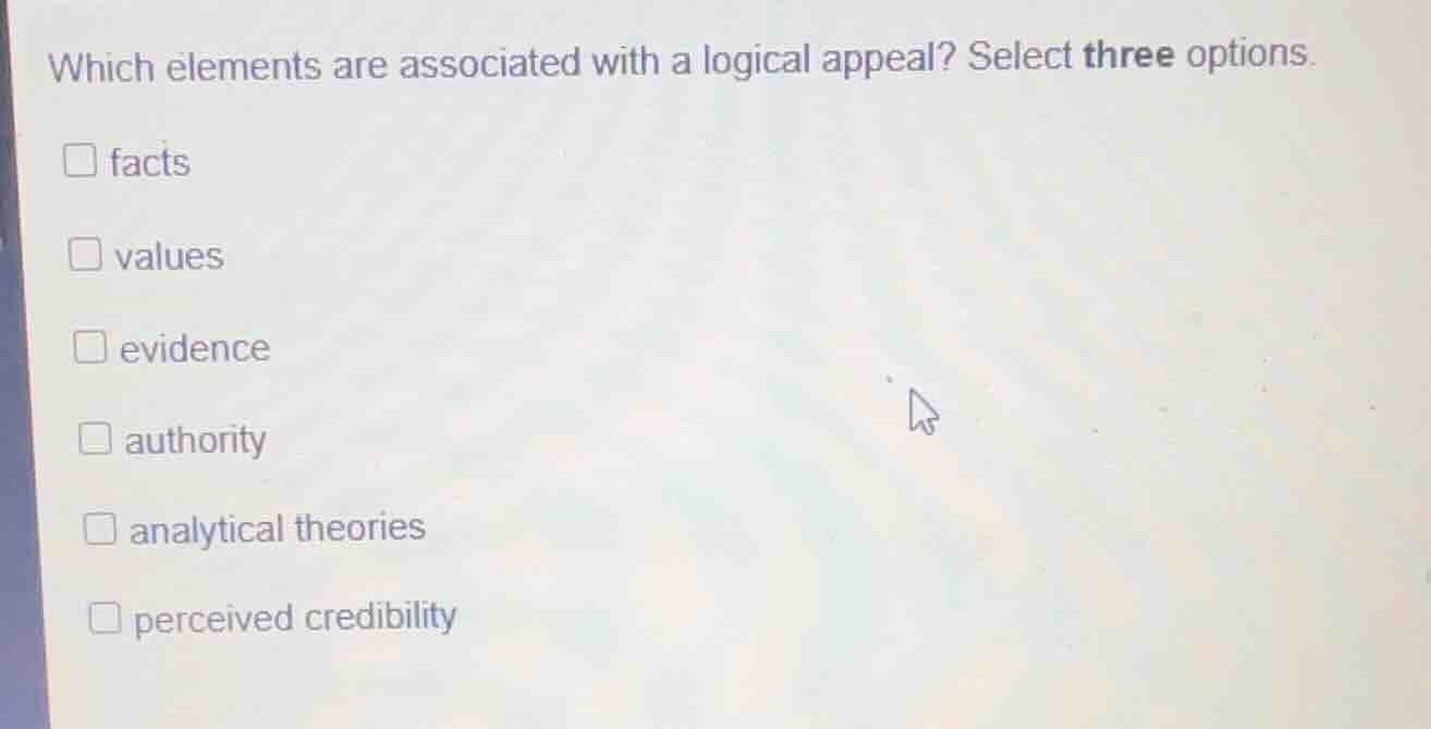 which elements are associated with a logical appeal? select three optio…