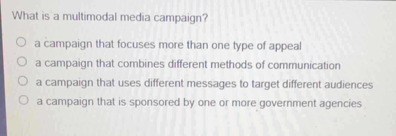 what is a multimodal media campaign? ○ a campaign that focuses more tha…