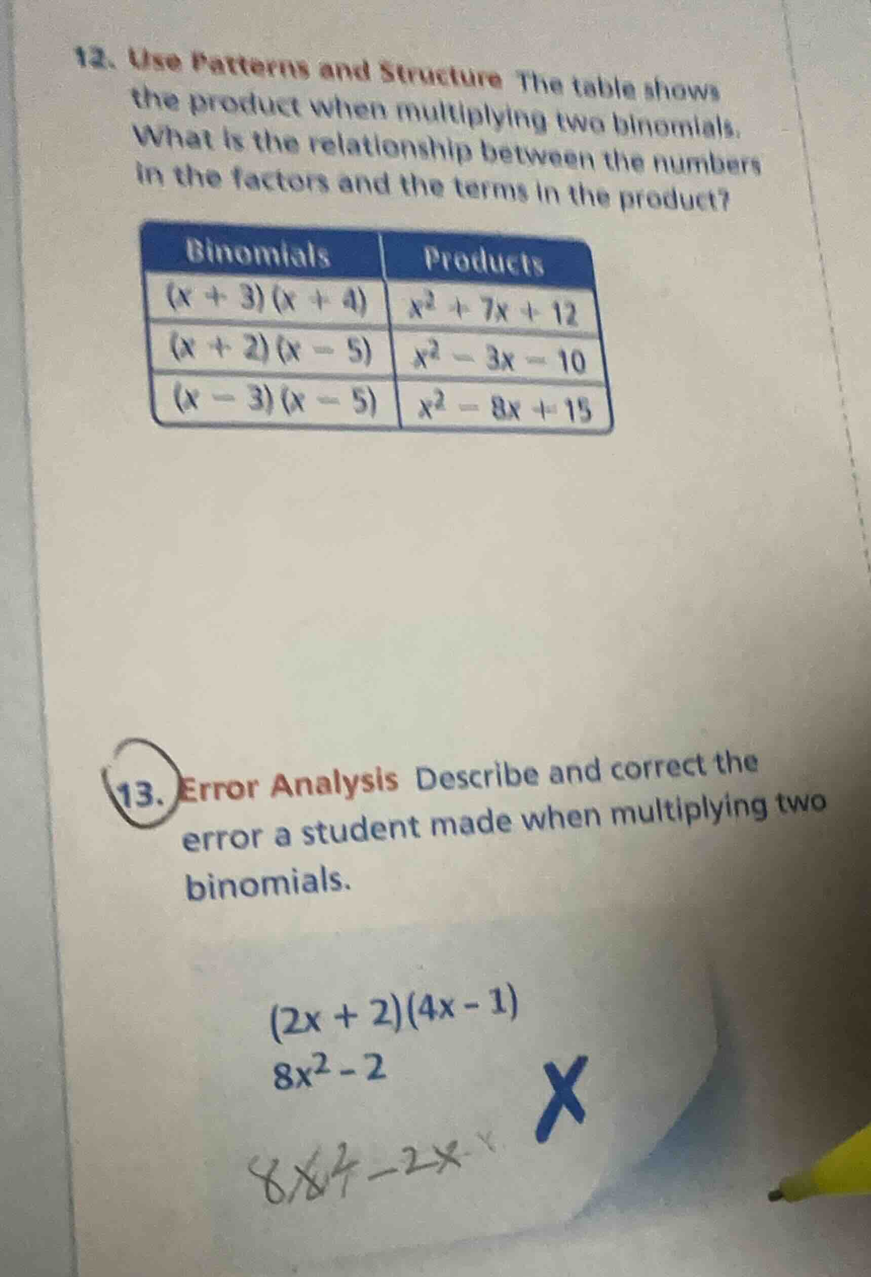 12. use patterns and structure the table shows the product when multipl…