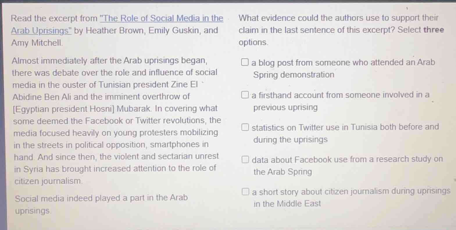 read the excerpt from \the role of social media in the arab uprisings\ …