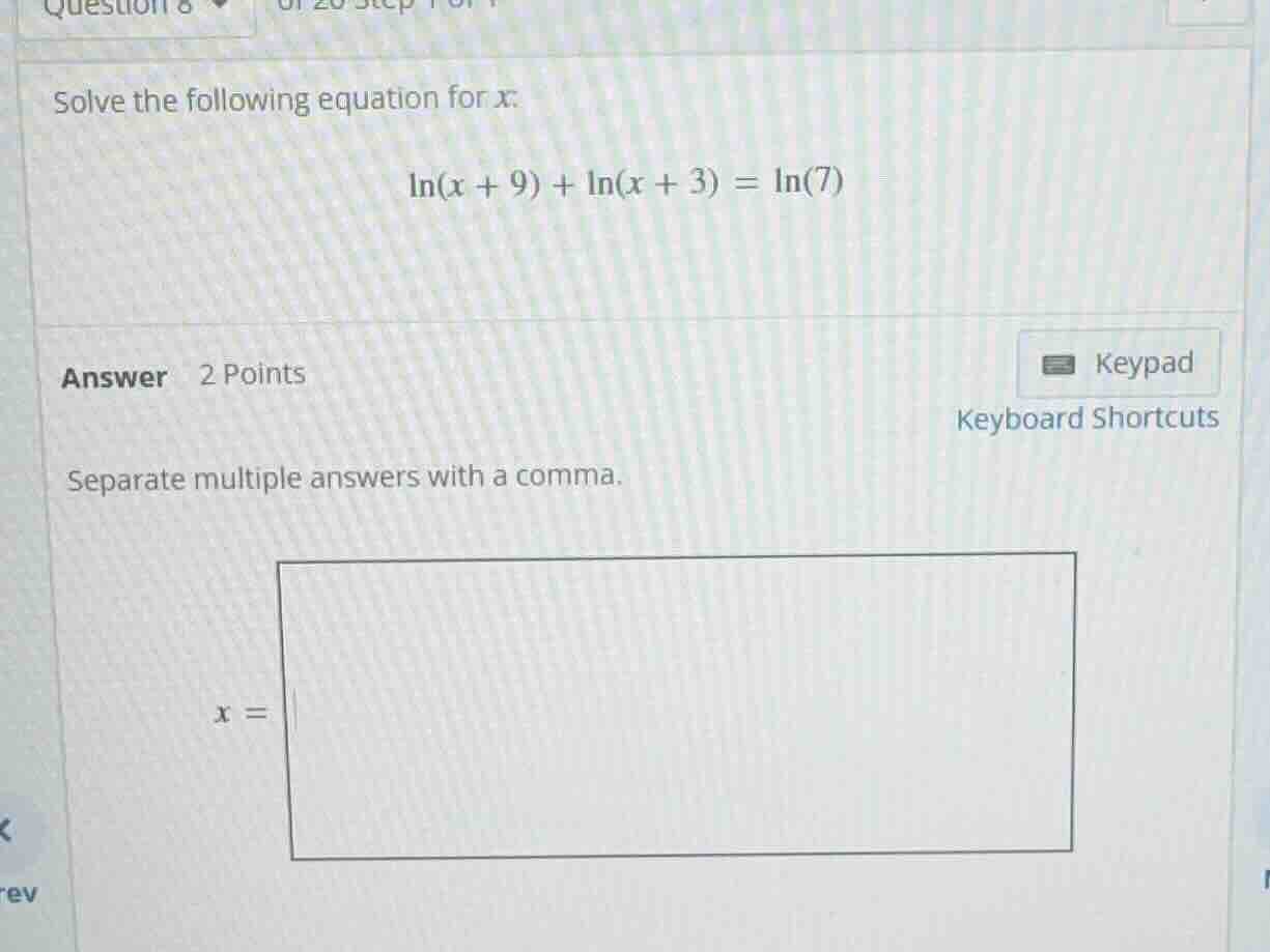 solve the following equation for x: \\(\\ln(x + 9) + \\ln(x + 3) = \\ln…