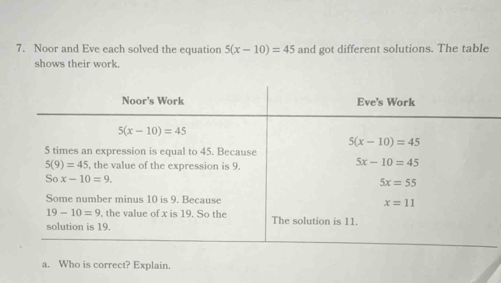 7. noor and eve each solved the equation $5(x - 10) = 45$ and got diffe…