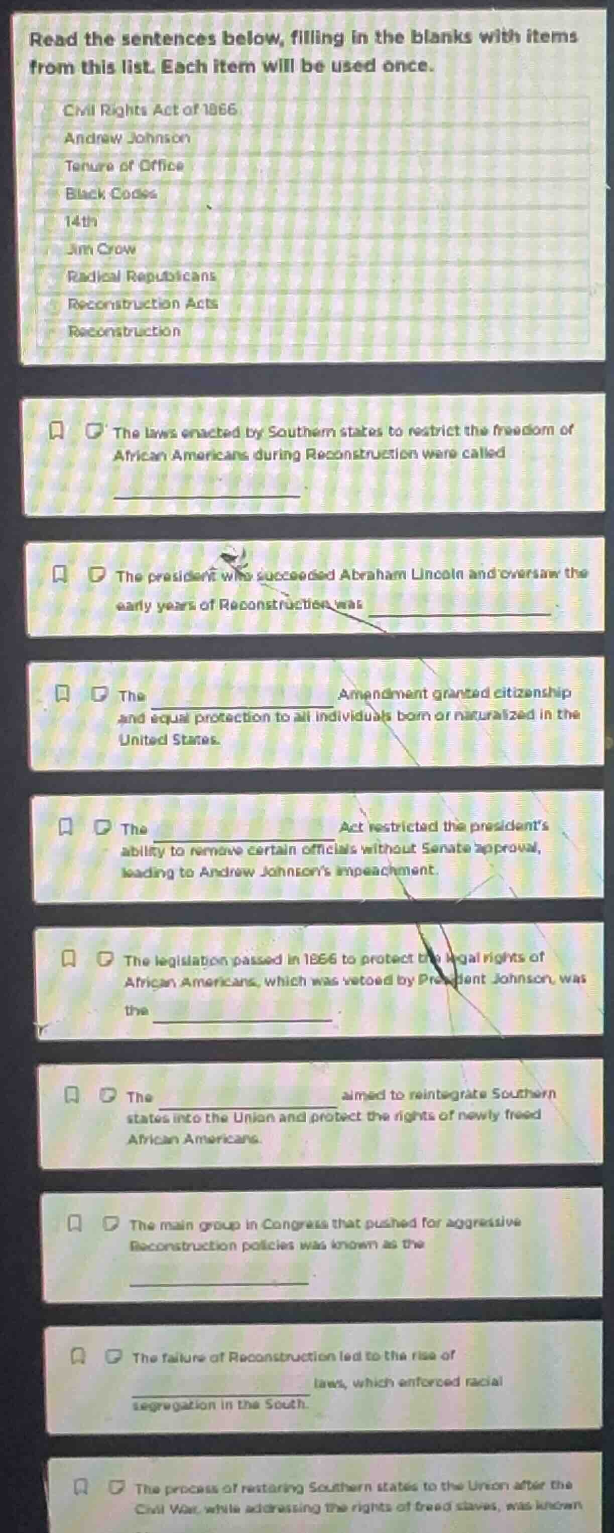 read the sentences below, filling in the blanks with items from this li…