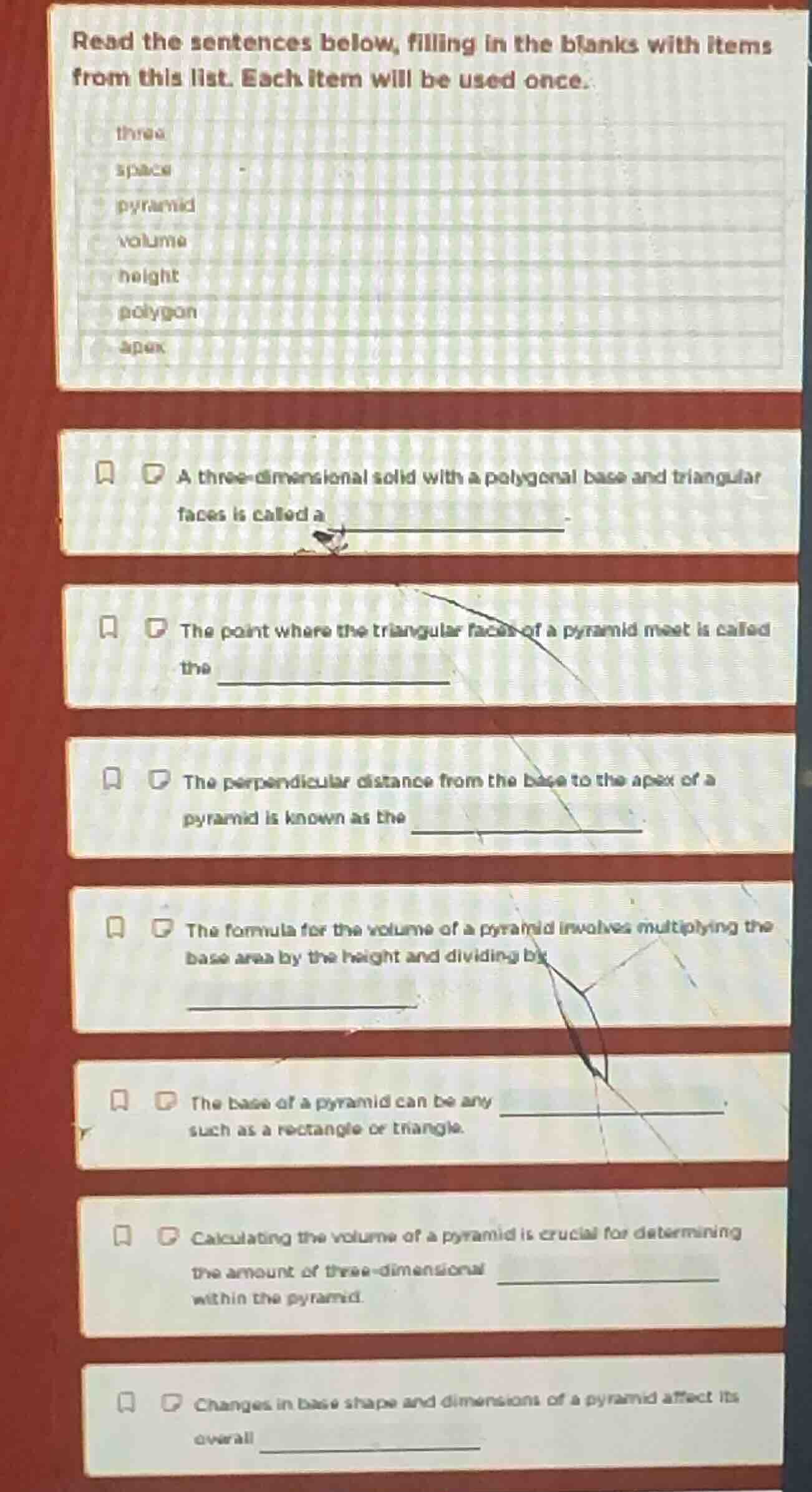 read the sentences below, filling in the blanks with items from this li…