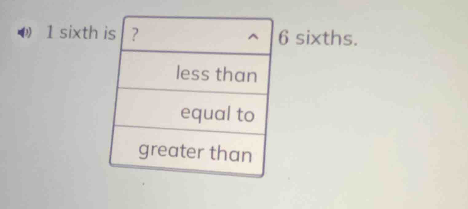 1 sixth is? 6 sixths. less than equal to greater than